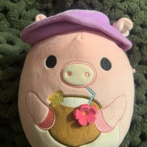 Squishmallows Pink Pig with Purple Hat and Pink Flower Coconut Embroidery